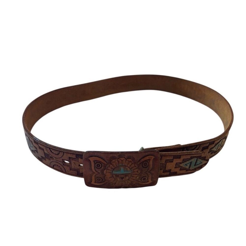Chambers Sun God Leather Belt 36 Phoenix AZ Tooled Western Turquoise Vintage